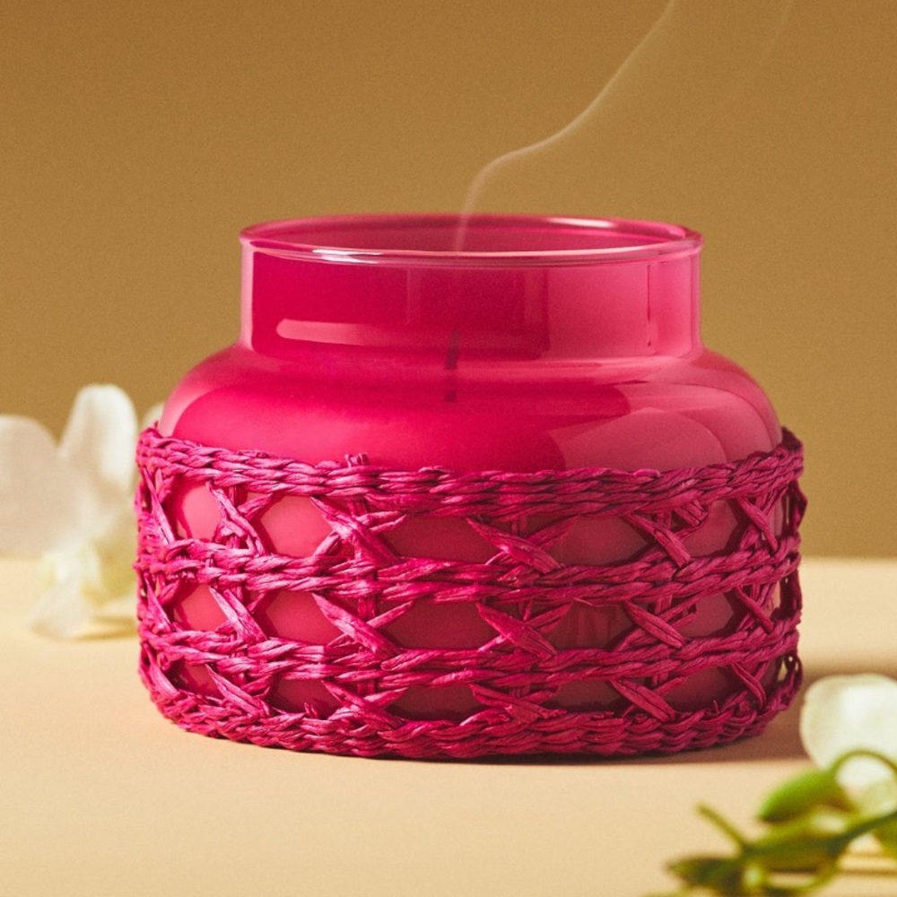 Anthro Capri Blue Volcano Pink Rattan
Jar Candle NWT Size M